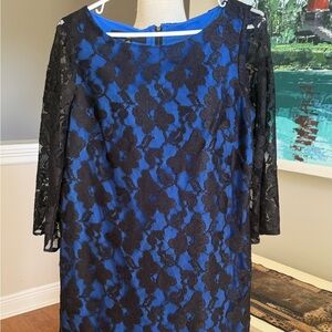 Nine West Blue Dress with Black Lace Overlay